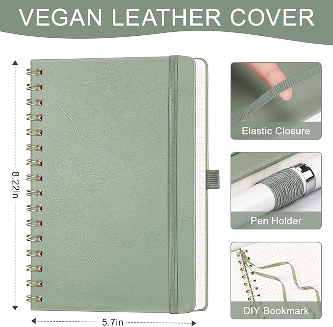 AHGXG Graph Paper Notebook - Spiral Notebook Hardcover Leather Journal 140 Pages, A5 Grid Paper Notebook 5.7" x 8.3", 100 gsm Thick Paper, for School Writing Graphing Engineering, Sage Green