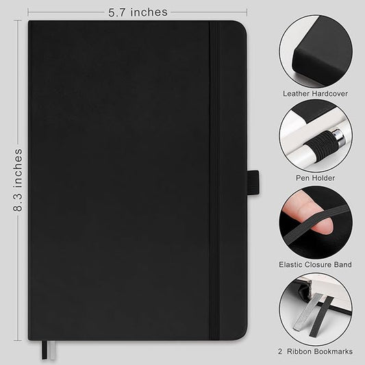 RETTACY Bullet Dotted Journal Notebook, 2-Pack, 160 Numbered Pages per Pack, A5 Medium Size (5.7'' x 8.3''), 120 GSM Thick Paper, Leather Hardcover, for Bullet Journaling (Black & Black)