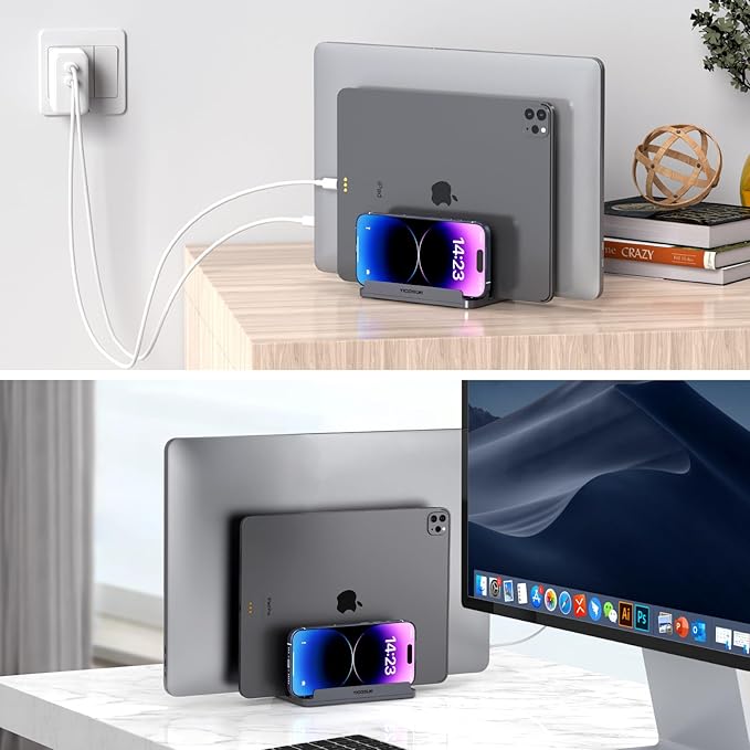 3 Slots Aluminum Vertical Laptop Stand for Desk - Adjustable Width Dock for MacBook, Surface, Samsung, HP, Dell up to 17.3 inches - Space-Saving & Protective Design - Gray