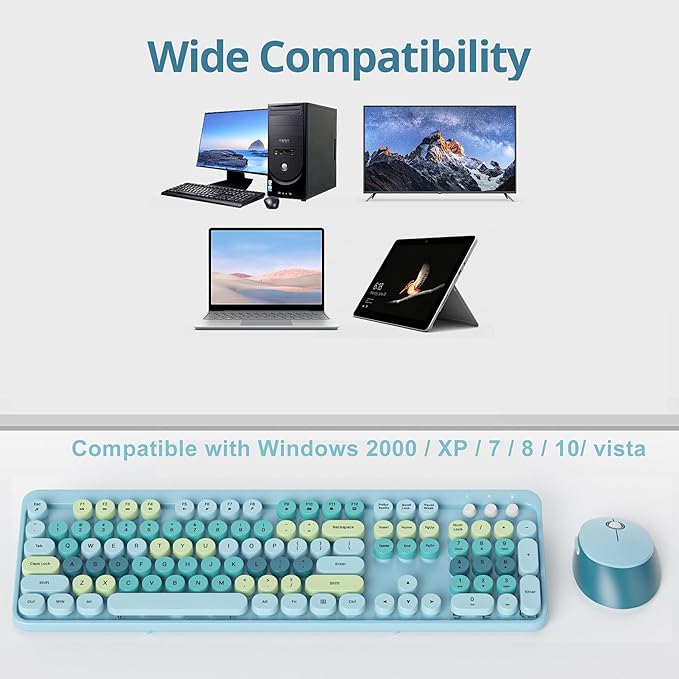 Fogruaden Blue Keyboard and Mouse Wireless, Retro Typewriter Keyboard, 2.4GHz 104 Keys Full Size Cute Keyboard with Number Pad, Blue Colorful Keyboard with Retro Round Keycaps for Windows PC Laptop