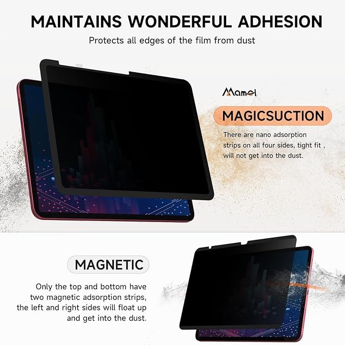 Upgrade 360° Privacy Screen Protector for Apple iPad Pro 11 inch 5th M4 2024, Magicsuction 4-Way Anti Spy Glare Blue Light Filter (Landscape+Portrait Privacy), High Sensitive/Bubble Free/Reusable