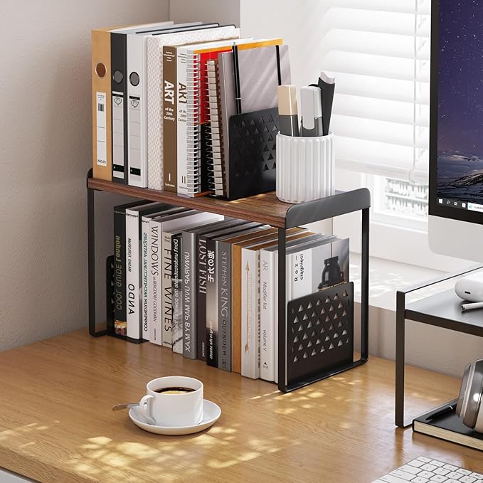 Mitus Shelf Organizer and Storage, Tiered Wood Cabinet Rack for The Kitchen Counter, Bathroom Counter, Pantry Cupboard, Office Desk Bookshelf, 12" Wide Walnut Brown and Black (Large)