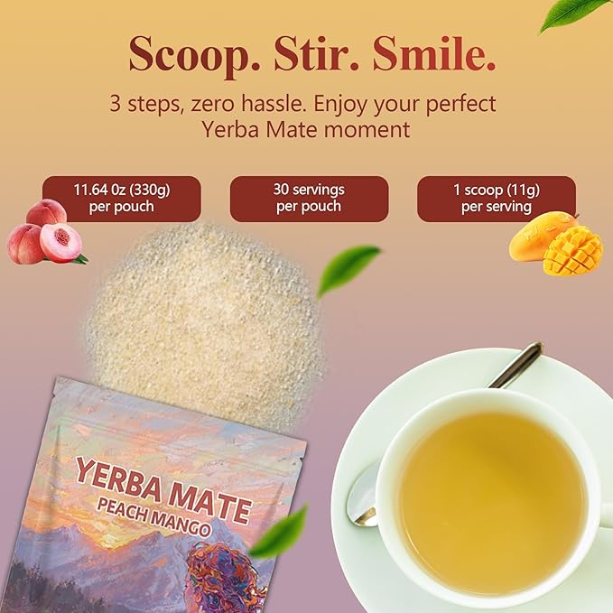 Yerba Mate Instant Tea Powder - Clean Energy, Boosts Focus, Low Sugar & Caffeine, Gut Health, Peach Mango - 30 Servings
