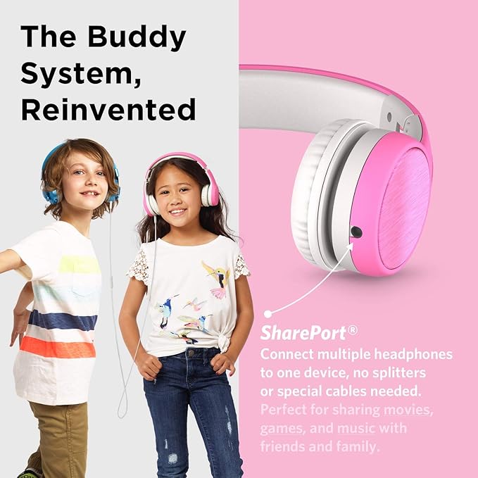 LilGadgets Connect+ Style On-Ear Kids Headphones with Microphone - SharePort Technology, SoftTouch Padding, Detachable Cable, Noise Reduction, Durable & Adjustable - Pink School Headphones for Kids