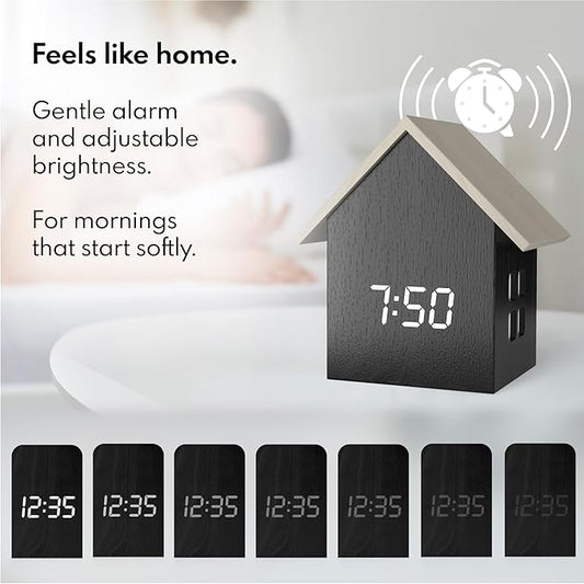 Driini Digital House Shaped Alarm Clock with Temperature Display (Dark Wood) – Modern Aesthetic with Cute Cube Frame and White LED Dimmer - Perfect Large Desk Clock for Bedside Table or Bedroom Mantle