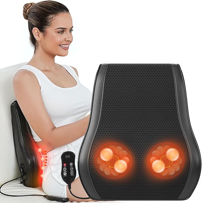 Rechargeable Back Massager with Heat, Shiatsu Neck Massager for Pain Relief Deep Tissue, 4D Kneading Massage Pillow for Neck Shoulder Leg Waist and Abdominal, Suit for Office, Home and Car
