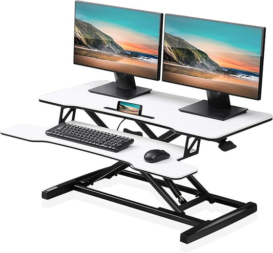 FITUEYES Height Adjustable Standing Desk 36” Wide Sit to Stand Converter Stand Up Desk Tabletop Workstation for Laptops Dual Monitor Riser White SD309103WW