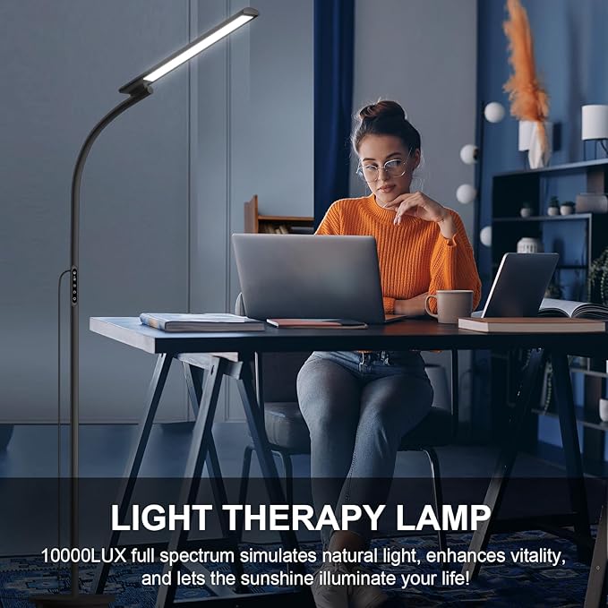 Light Therapy Lamp 10000 LUX UV-Free Happy Lamp,3 Heights Desk & Floor Sun Lamp, 5 Colors & 5 Brightness Levels with Timing Function (Black)