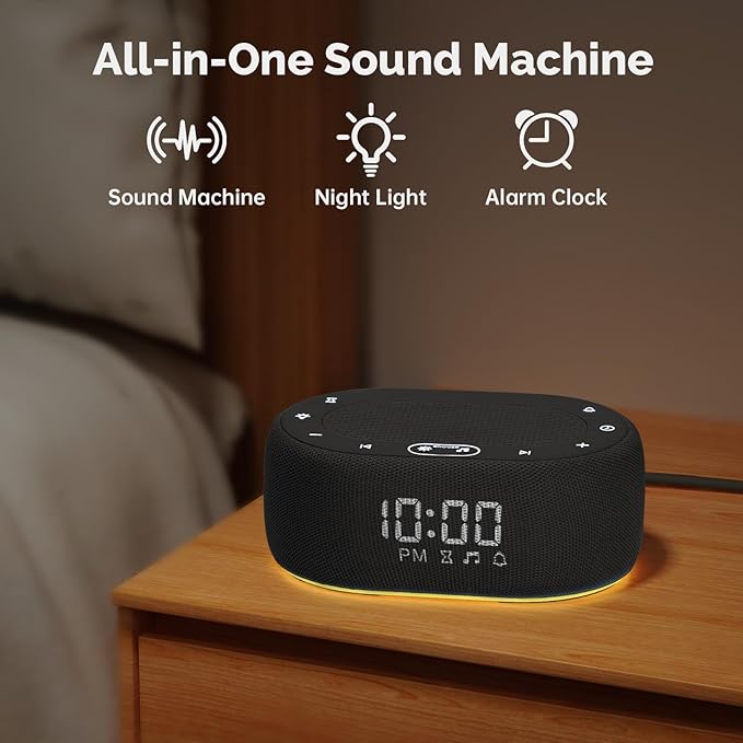 1Mii White Noise Sound Machine for Sleep, Pink Noise Machine for Baby Adults Sleeping, 18 Soothing Sounds with 7-Color Night Light, Timer, Alarm Clock, Volume Control, Remote App Control - Black