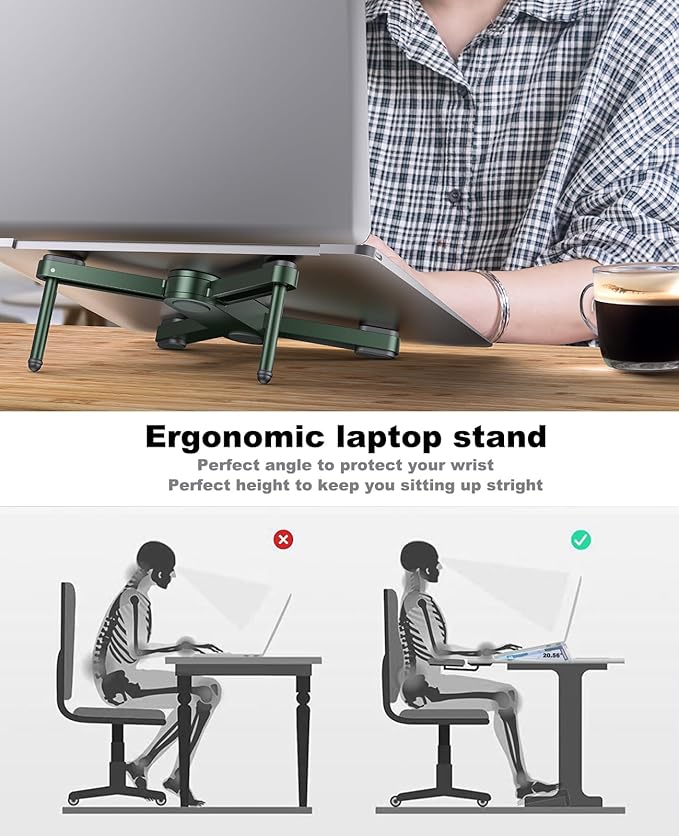 New Concept Laptop Stand - Adjustable Ergonomic Aluminum Riser for MacBook Pro/Air up to 15.6” - Foldable & Portable Computer Stand for Desk, Students, Office, Travel, Gaming - Green