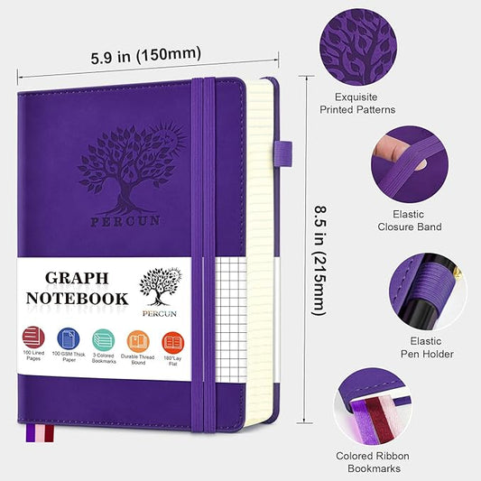 PERCUN Graph Paper Notebook, 160 Pages Grid Journal for women & men, A5 Hardcover Leather Graphing Notebook for School, Work, Travel, Note Taking 5.9”x8.5” (Purple)