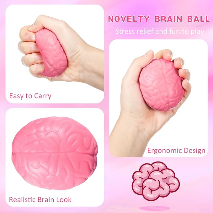 Jenaai 30 Pcs Brain Stress Ball Halloween Squeeze Toy 2.76 Inch PU Hand Muscle Exercise Pressure Ball Funny Stress Relief Toy for Teens Adults Improving Grip Strength Release Pressure(Pink)