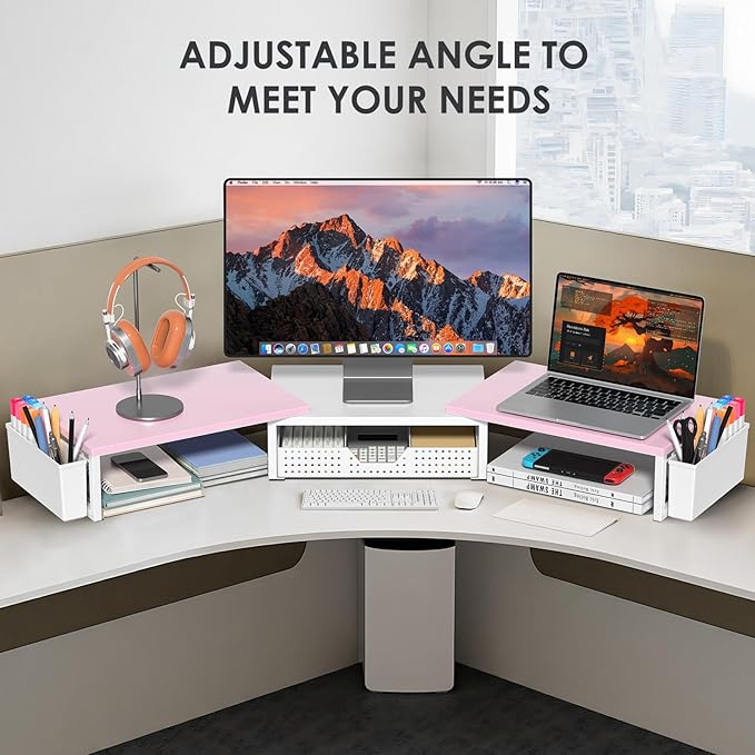 Desk Dual Monitor Stand Riser - Desk Organizer with Drawer and Pen Holders, Office Desk Accessories & Workspace Organization, Computer Monitor Stand for Laptop, Printer(Pink& White)