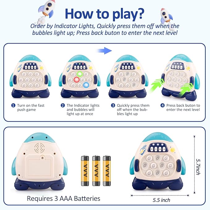 Fast Push Fidget Toys for Kids, Handheld Puzzle Sensory Toys, Quick Push Light Up Pop Game Gifts for 3-12 Year Old Boys Girls, Easter Basket Stuffers (Rocket)