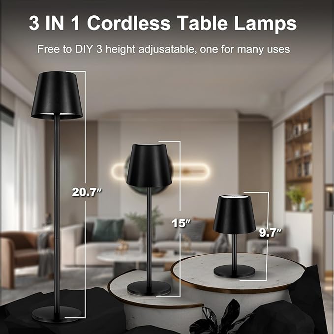 2-Pack Cordless Metal Table Lamp, 3 Adjustable Heights, 5400mAh Rechargeable Battery, 3 Colors Touch Dimming, Waterproof Portable Wireless Desk Lamp for Restaurant, Bedroom, Outdoor Patio