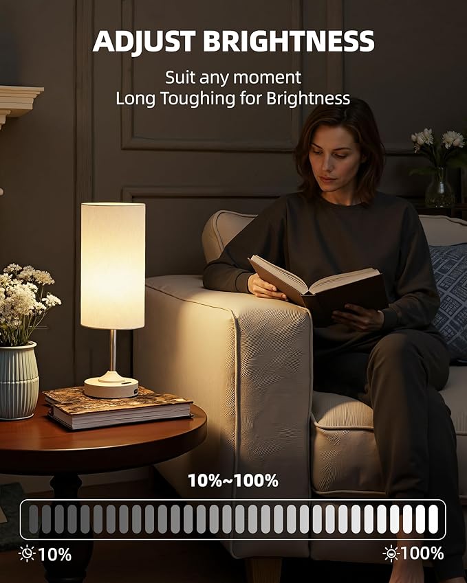 Bedside Table Lamp, Cordless, Dimmable, Touch, Timer, 2700K, Bedroom, Portable, LED, Wireless, Rechargeable, Battery Operated, Desk Lamp, Fabric Shade, Wood-Grain Finish, Living Room, Dining Room