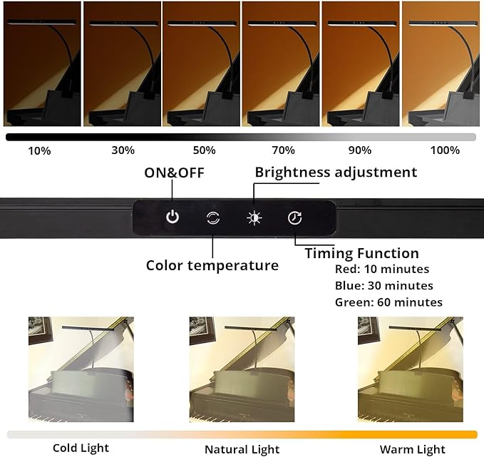 Piano Lamp with 3 Color Modes, Adjustable Height & Direction - Desk Light with Auto-Off Timer - Wide Illumination Music Stand Light