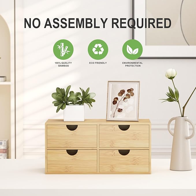 Bamboo Desk Organizer with Drawers - Small Desktop Countertop Mini Tabletop Storage Container - No Assembly Required
