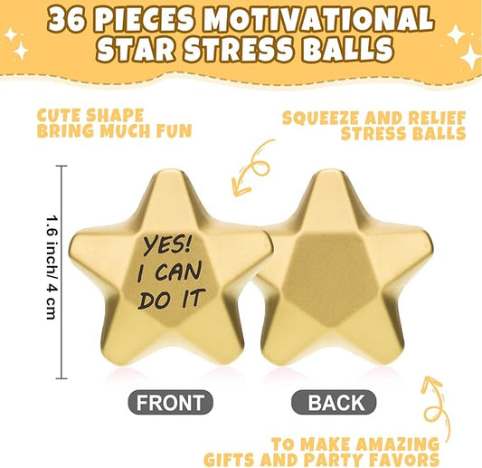 Deekin 36 Pieces Star Stress Balls Mini Foam Ball Stress Relief Toys for Teens and Adults Student Bag Fillers, Gold(Motivational,1.6 Inch)