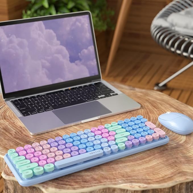 Wireless Keyboards and Mouse Combos, UBOTIE Colorful Gradient Rainbow Colored Retro Typewriter Flexible Keyboard, 2.4GHz Connection and Optical Mouse