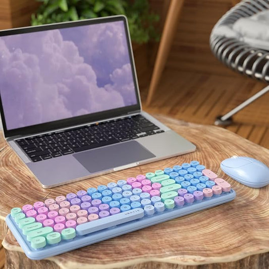 Wireless Keyboards and Mouse Combos, UBOTIE Colorful Gradient Rainbow Colored Retro Typewriter Flexible Keyboard, 2.4GHz Connection and Optical Mouse