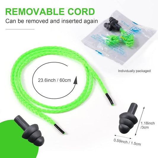 Tondiamo 200 Pairs Ear Plugs Reusable Silicone Earplugs with Cord Sleeping Individually Wrapped Hearing Protection Noise Cancelling Earplugs for Work Construction Shooting Sports(Green, Black)
