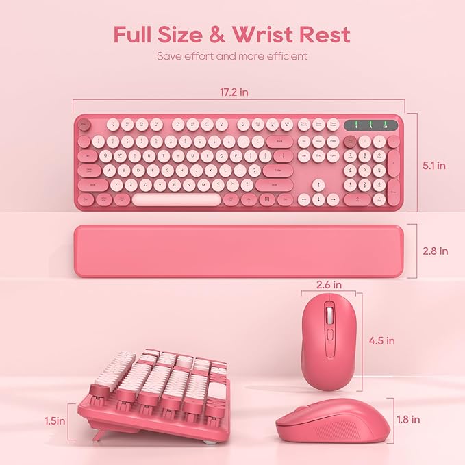 Wireless Keyboard and Mouse Combo - Round Keycaps, Full-Size Retro Typewriter Keyboard with Detachable Wrist Rest, Sleep Mode & Tilt Legs, 2.4GHz Cordless Connection for Mac/Windows/PC (Hot Pink)