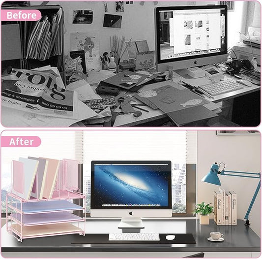 Paper Desk Organizer, 3-Tier Letter Tray with 5 Vertical File Holders, Multifunction Desktop Folder Organizers and Accessories for Home Office(Pink), LK-3CB