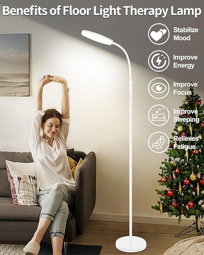 Light Therapy Lamp, 10000 Lux UV-Free Happy Therapy Lamp, Full Spectrum Sunlight Lamp with Remote Control, Light Therapy Floor Lamp with 10 Color Temperature & 6 Brightness & Timer-White