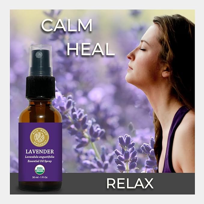 Silk Road Organic Lavender Essential Oil Spray, Lavandula Angustifolia, 100% Pure USDA Certified Aromatherapy for Calming, Relaxation & Skin – 1 oz Spray - Always Pure, Always Organic