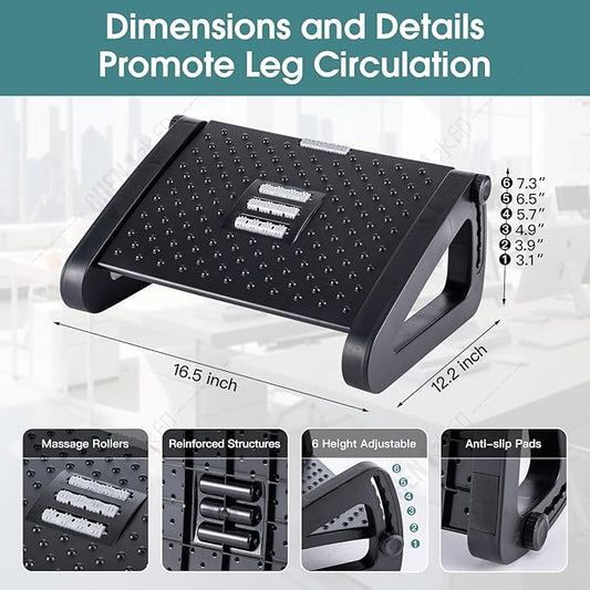 Foot Rest, Six Heights Adjustable Foot Rest for Under Desk at Work, Ergonomic Foots Stool for Under Office Desks, Under Desk Footrest with Foot Massage Roller, Chair Footrest for Leg Rests