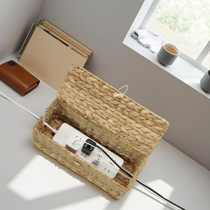 Cable Organizer Box Handmade Wicker Rattan Cable Management Box Adapter Power Strips Outlet Router Cord Hider Cover Under Desk Electrical Wire Storage Organizer with Lid (Natural, Medium)
