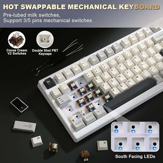 YUNZII YZ98 Gasket Mechanical Keyboard,99 Key Hot Swappable BT5.0/2.4G/USB-C Wireless NKRO 98% 1800 Layout with RGB LED Backlit for Linux/Win/Mac(White, Cocoa Cream V2 Switch)