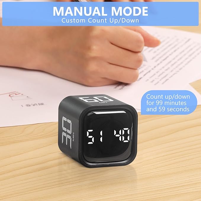 Digital Cube Productivity Timer - Rotating Pomodoro Timer with Gravireceptor 5-10-30-60 Min Custom Countdown, Vibration & Adjustable Volume for Learning Office Kitchen Desk, Black