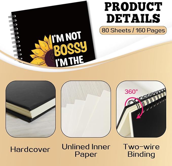 YAZMEEN Boss Blank Spiral Notebook(160 Pages) I'm Not Bossy I'm The Boss Hardcover Sketchbook Boss Appreciation Gift Funny Sunflower Notebook Gift for Women Men Boss Leader Mentor Manager Colleague