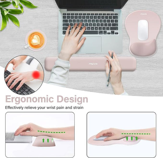 MOSISO Wrist Rest Support for Mouse Pad&Keyboard Set, Ergonomic Mousepad with Concave Curved Memory Foam, Non-Slip Base Pain Relief Comfortable Rectangular Easy Typing Pad for Home/Office, Apricot