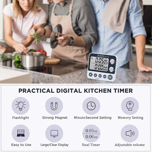 Digital Dual Kitchen Timer with Magnetic Back & Memory Presets, 2 Groups Countdown/Up Stopwatch Timer, 3-Level Volume + LED Alert, On/Off, 100Hr Max for Cooking, Baking (Battery Included)