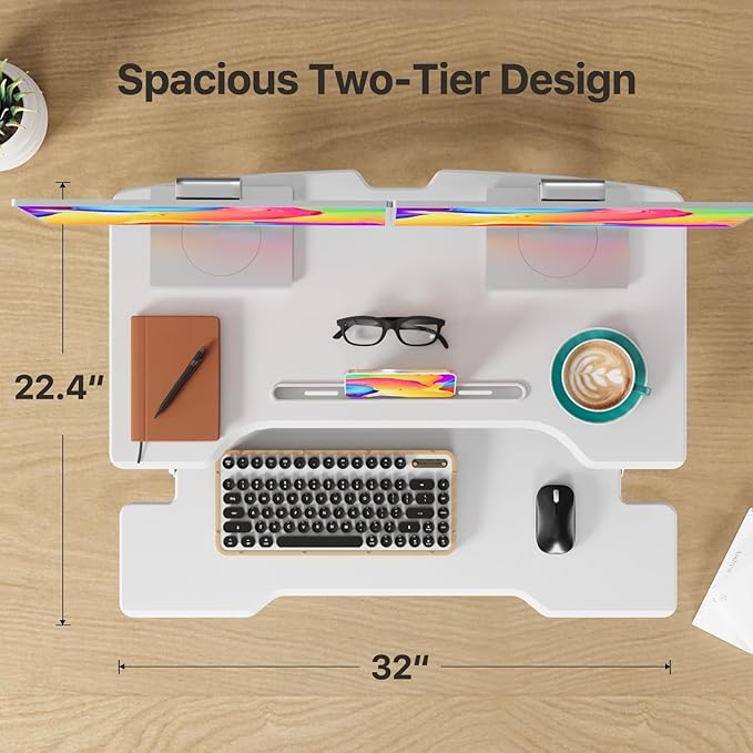 Standing Desk Converter 32 inch, Height Adjustable Sit Stand Desk Riser, Quick Sit to Stand Tabletop Dual Monitor Riser Workstation for Home Office with Keyboard Tray, White