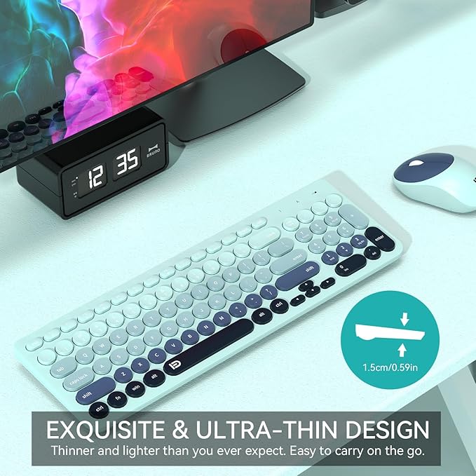 Wireless Keyboards Mouse Combos, Colorful Cute Typewriter Full-Size Retro Round Keycaps, 2.4GHz Cordless Connection Sleep Mode Office Wireless Keyboard and Mouse Set for Desktop Laptop PC Computer