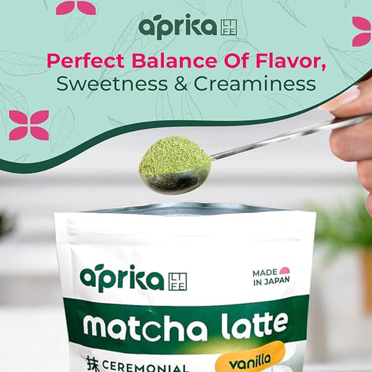 AprikaLife Matcha Latte Powder, Premium Barista Crafted Mix with Natural Vanilla Flavor - Authentically Japanese - 1st Harvest Ceremonial Grade, Sweet Matcha Powder Used by Coffee Shops 6.8 oz / 180g