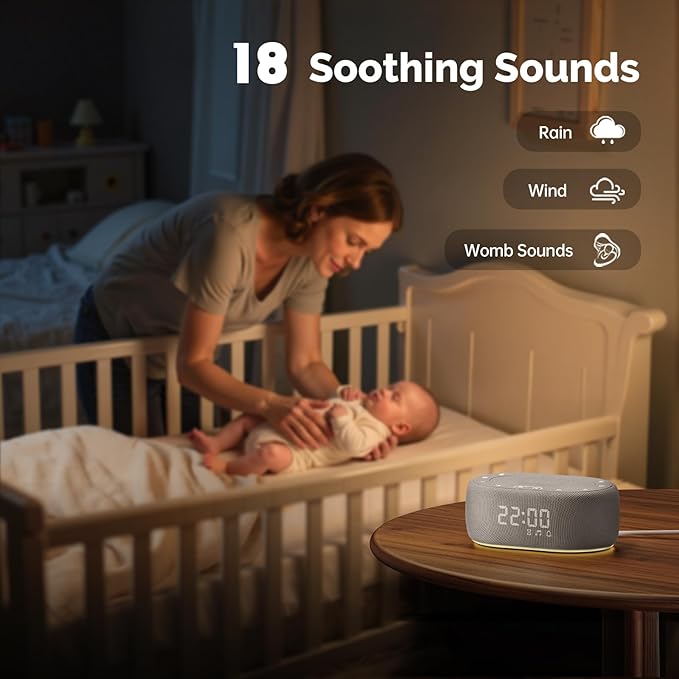 1Mii White Noise Sound Machine for Sleep, Pink Noise Machine for Baby Adults Sleeping, 18 Soothing Sounds with 7-Color Night Light, Timer, Alarm Clock, Volume Control, Remote App Control - Grey