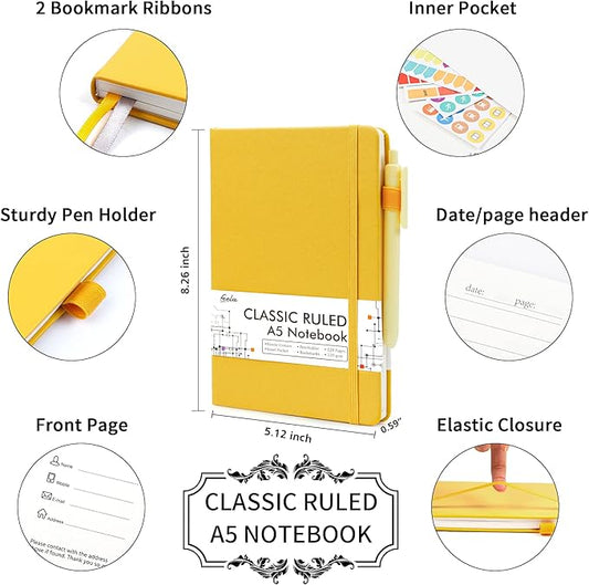 feela 18 Pack Journal Notebook for Work, Business Notebook Bulk Hardcover Lined Writing Journal with Pen Holder for Men Women Note Taking, with 18 Black Pens, 120 GSM, 5.1”x8.3”, A5, Yellow