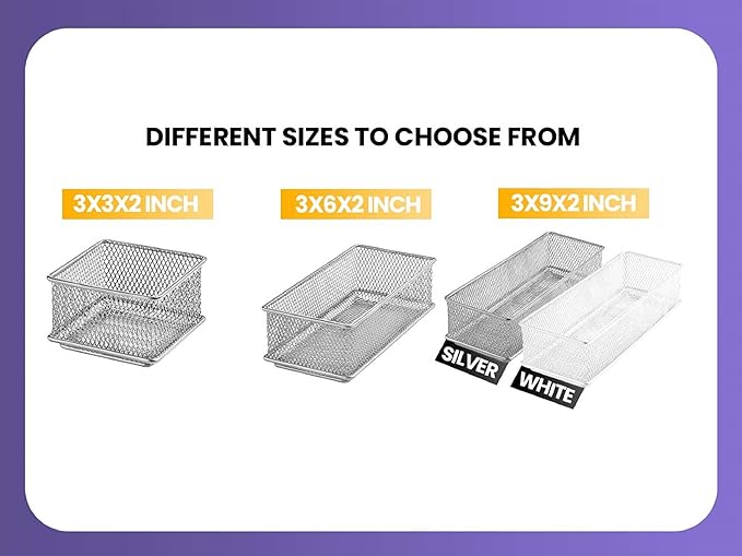 YBM HOME Silver Mesh Drawer Cabinet and or Shelf Organizer Bins, School Supply Holder Office Desktop Organizer Basket (2, 3x6x2 Inch)