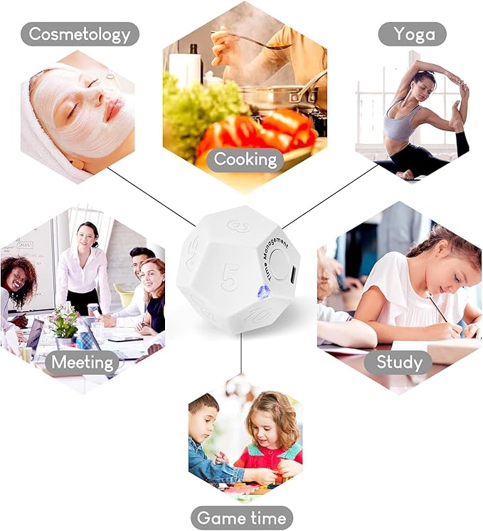 Mini 12 Sided Cube Timer, 11 Preset Times Pomodoro Timer for Enhanced Productivity. Ideal for ADHD Management, Workout, Study & Kitchen Cooking. Easy to Use(White)