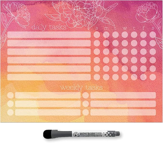 Dry Erase Whiteboard Task Planner | Removable and Restickable Adhesive Decal | Fine-Tip Magnetic Marker Included (9 x 12 inches, Peony)