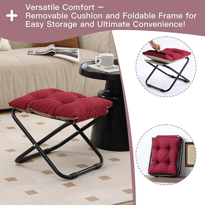 LITA Folding Footrest Stool, Portable Ottoman Foot Rest, Upholstered Small Foldable Ottoman Stool with Detachable Thick Cotton Cushion Padded Sofa Stool for Living Room, Bedroom, Burgundy