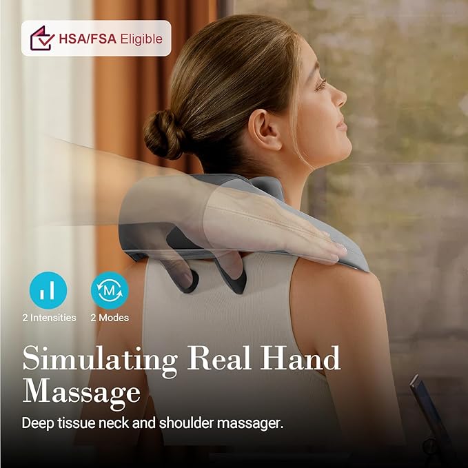 Neck Shoulder Massager with Heat - FSA Eligible, Ideal Gifts for Men Women,4D Expert Deep Tissue Kneading Massager, Rechargeable Massage for Neck, Shoulder,Traps and Back Pain Relief