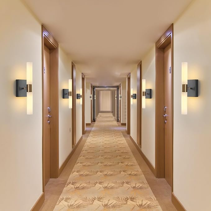 Wall Sconces Set of Two Black and Brass Gold Wall Lights with White Frosted Glass Shade Modern Wall Lamp for Bathroom Living Room Indoor Vanity Up and Down Sconces Wall Lighting for Hallway