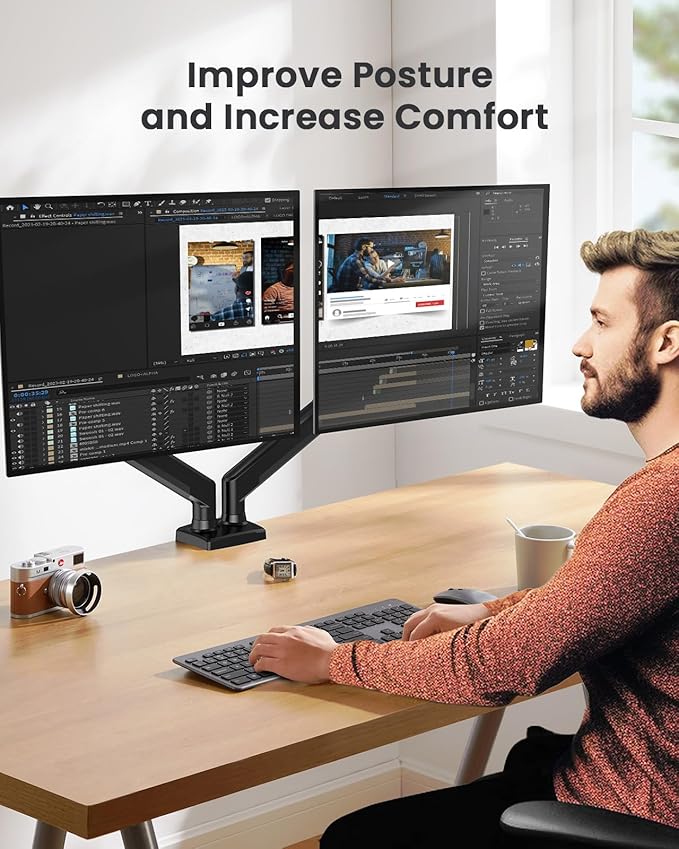 ErGear Dual Monitor Stand up to 32 inches Screen, Load-Bearing Max 22 lbs Each Arm, Adjustable Dual Monitor Mount, Sturdy Steel vesa Monitor Mount with Stable VESA 75x75 100x100mm