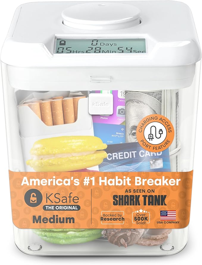 kSafe Time Locking Container Medium – Phone Lock Box, Snack Safe, Self-Control Timer Box, BPA-Free Plastic, No Overrides, 5.5” W x 5.5” H, White Lid, Clear Base